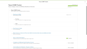A student's Texas CCMR Tracker with some of the requirements met and others planned.